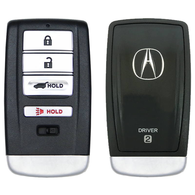 Front and Back of the 2019 Acura MDX Smart Remote Key Fob 4 Button w/ Hatch Driver 2 (FCC: KR5V1X, P/N: 72147-TZ5-A11)