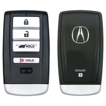 Front and Back of the 2018 Acura RDX Smart Remote Key Fob 4 Button w/ Hatch Driver 1 (FCC: KR5V1X, P/N: 72147-TZ5-A01)