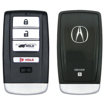 Front and Back of the 2019 Acura MDX Smart Remote Key Fob 4 Button w/ Hatch Driver 1 (FCC: KR5V1X, P/N: 72147-TZ5-A01)