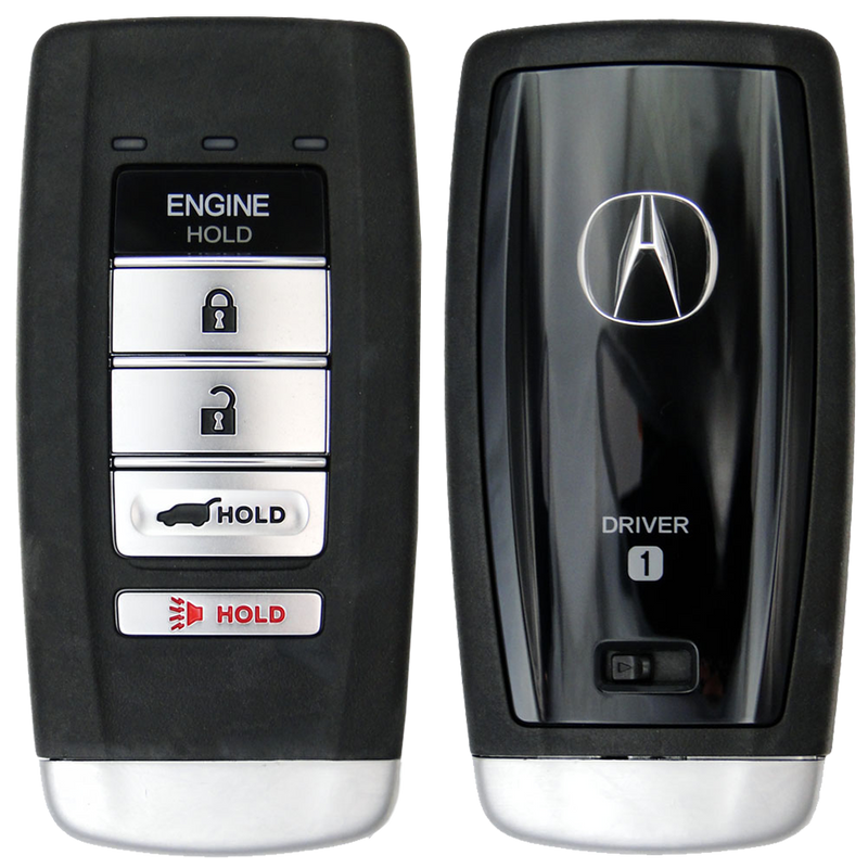 Front and Back of the 2017 Acura MDX Smart Remote Key Fob 5 Button w/ Hatch, Remote Start Driver 1 (FCC: KR580399900, P/N: 72147-TZ6-A71)