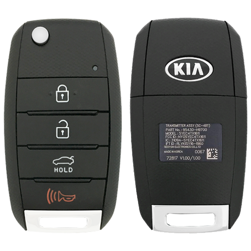 2020 Kia Rio Remote Flip Key Fob 4 Button w/ Trunk (FCC: NYOSYEC4TX1611, P/N: 95430-H9700)